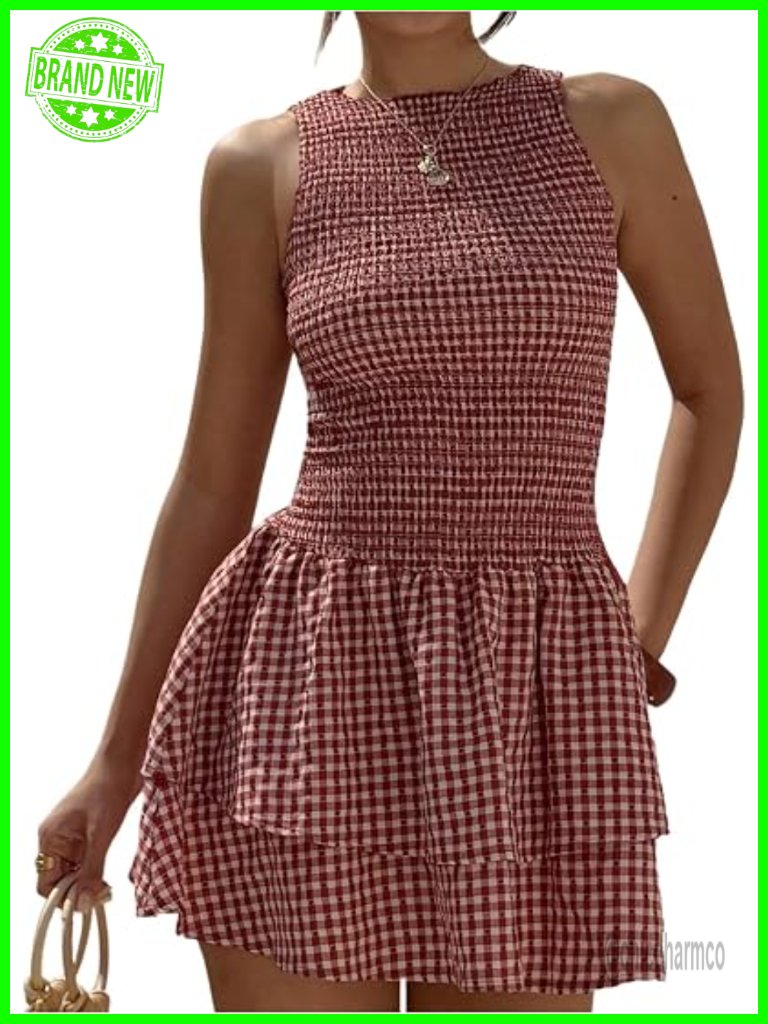 Gingham Mini Dress Tiered Ruffle Hem Smocked Plaid A Line Vacation Tank Dress
